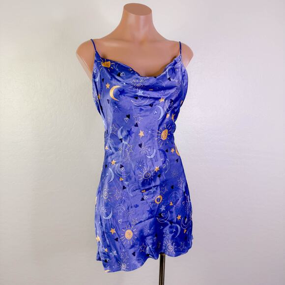 Zara Sun Moon Star Celestial Satin Silky Mini Slip Dress Purple Blogger Sz S NWT - Picture 3 of 12
